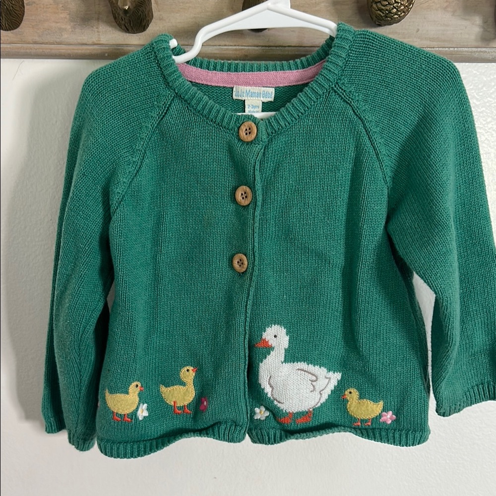 Green Knit Kids Jacket with Duck Embroidery